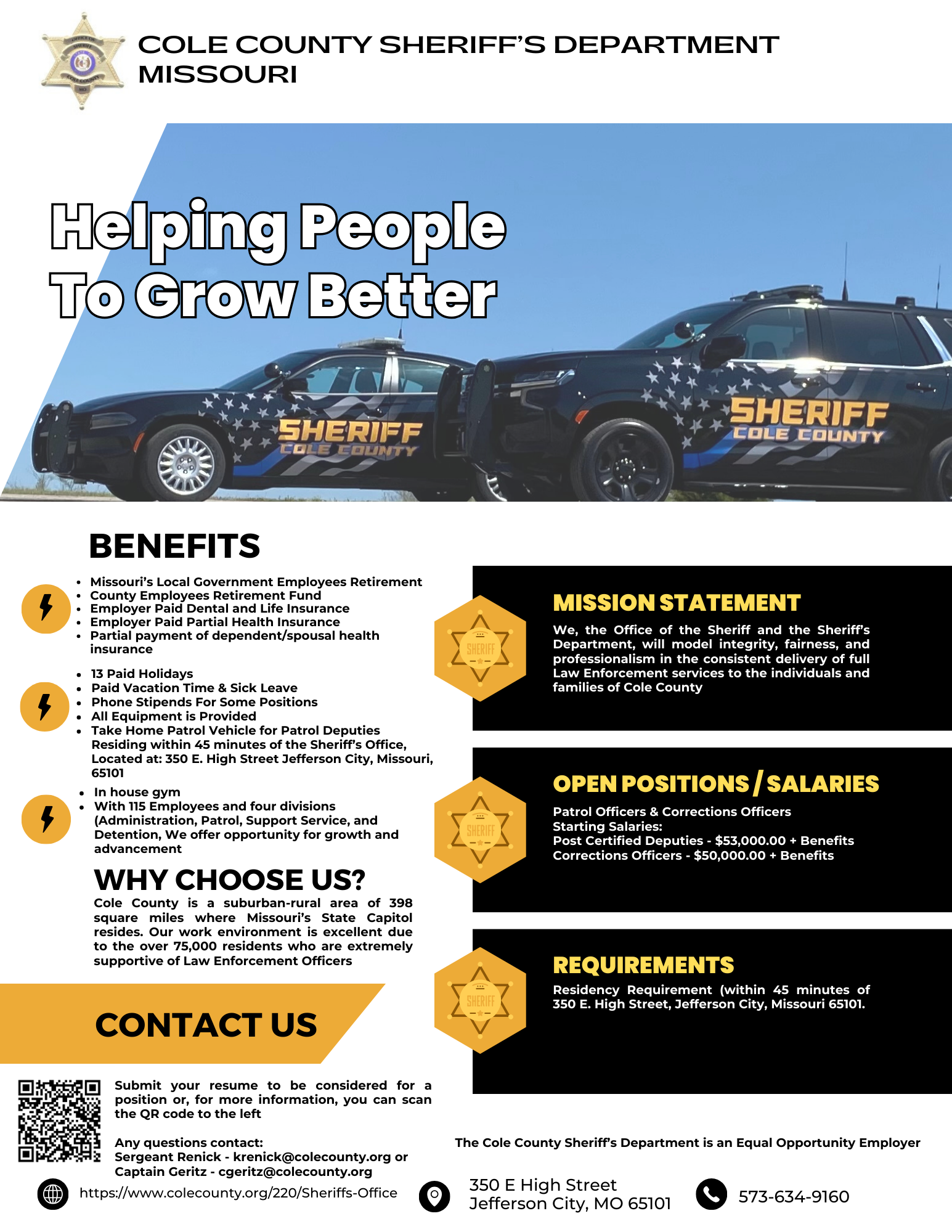 Recruitment Flyer for the Cole County Sheriff's Office. Includes information to apply for jobs.